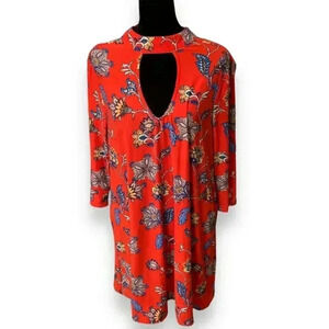 Derek Heart Long Sleeve Choker Cutout Bright Red Cotton Soft Printed Mini Dress